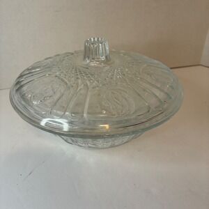 Vintage KIG- Indonesia Glass Candy Dish Romance Rose Embossed Lid Covered Bowl
